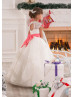 V Neck Ivory Lace Tulle Flower Girl Dress With Coral Bows